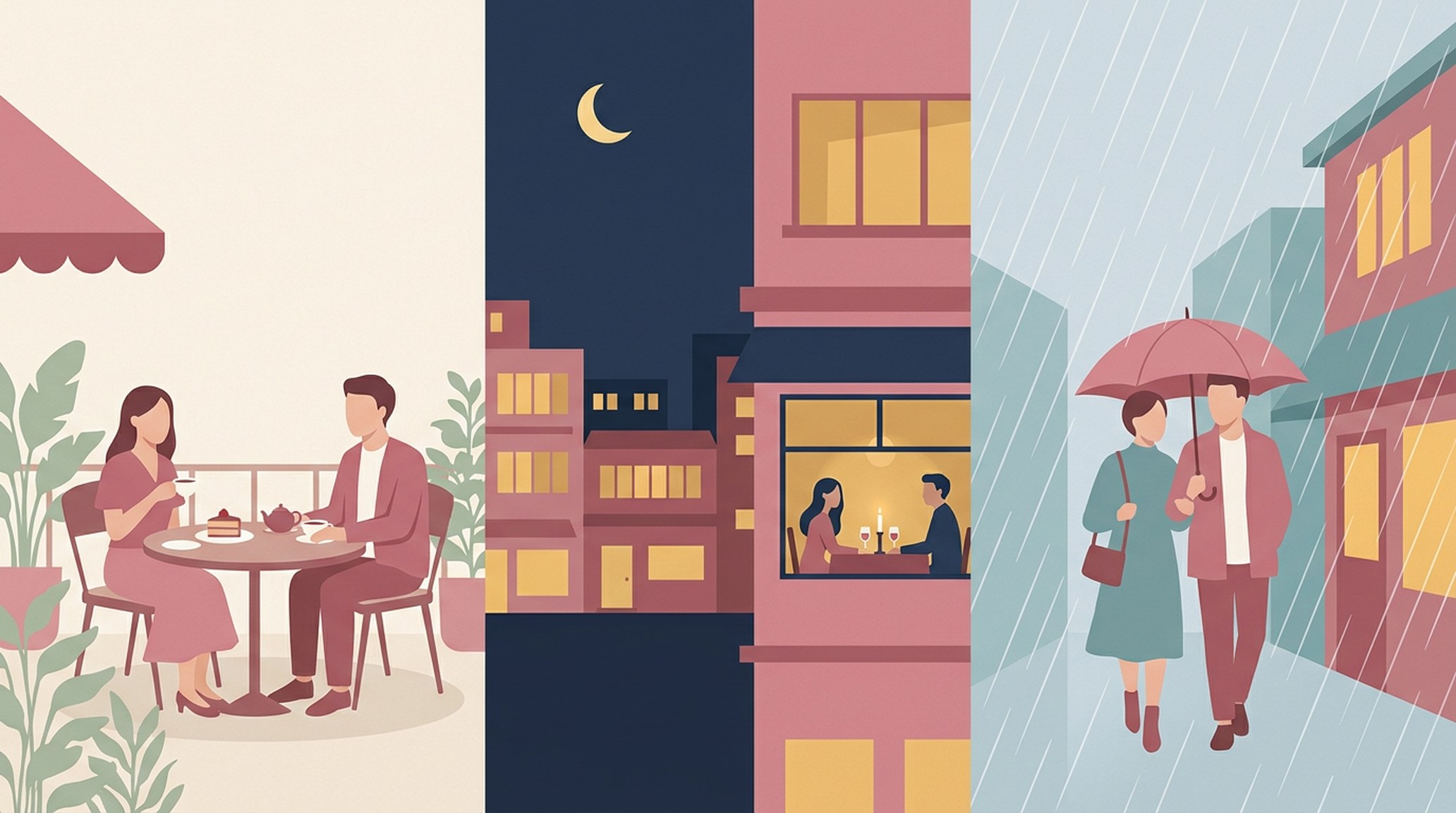 昼のカフェ、夜のレストラン、雨の日の街を歩くカップルのイラスト