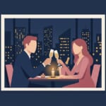 夜景の見える窓際の席で乾杯するカップルのイラスト