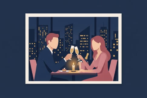 夜景の見える窓際の席で乾杯するカップルのイラスト