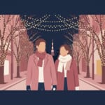 イルミネーションの並木道を歩くカップルのイラスト