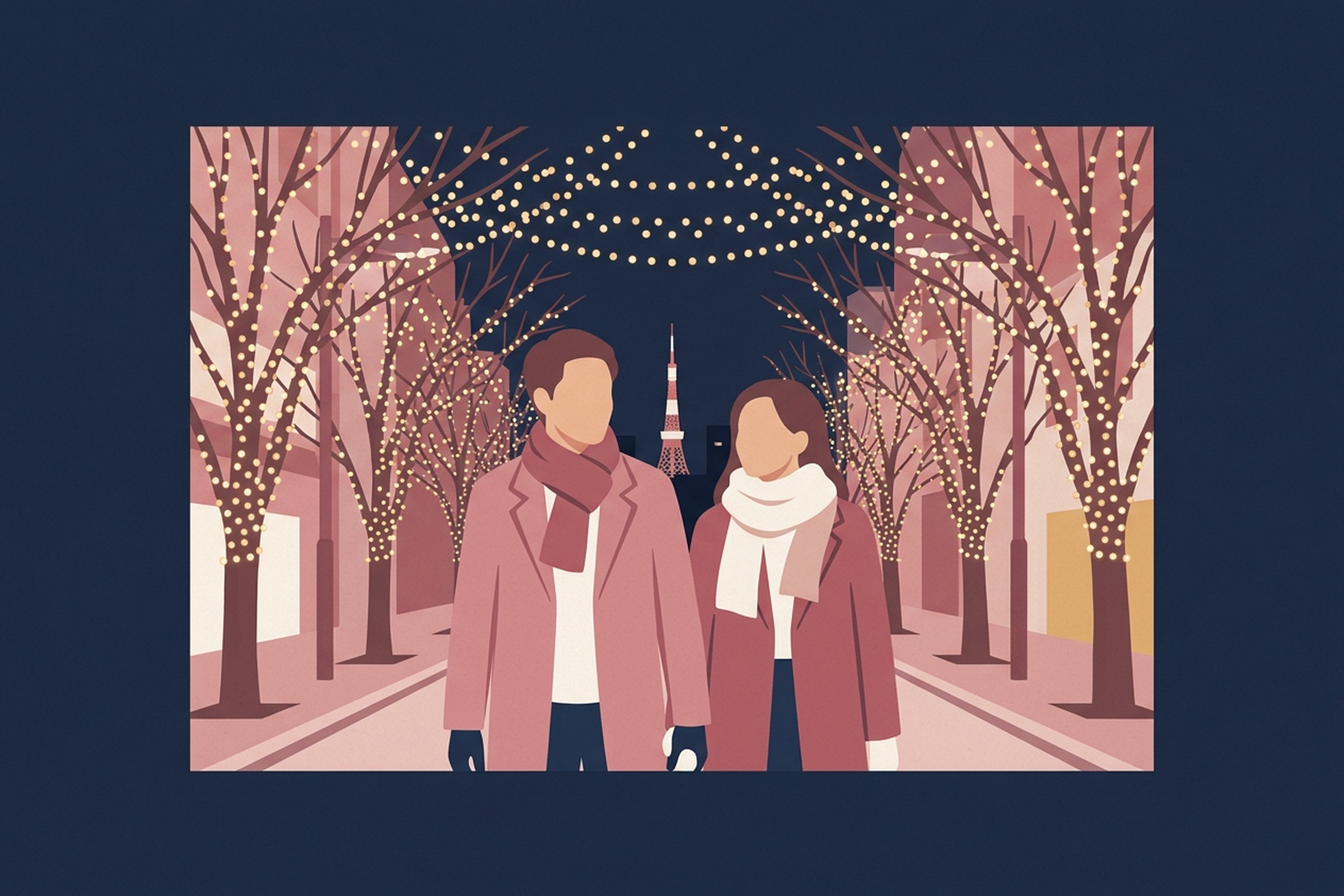 イルミネーションの並木道を歩くカップルのイラスト