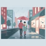 雨の中、ひとつの傘でデートするカップルのイラスト