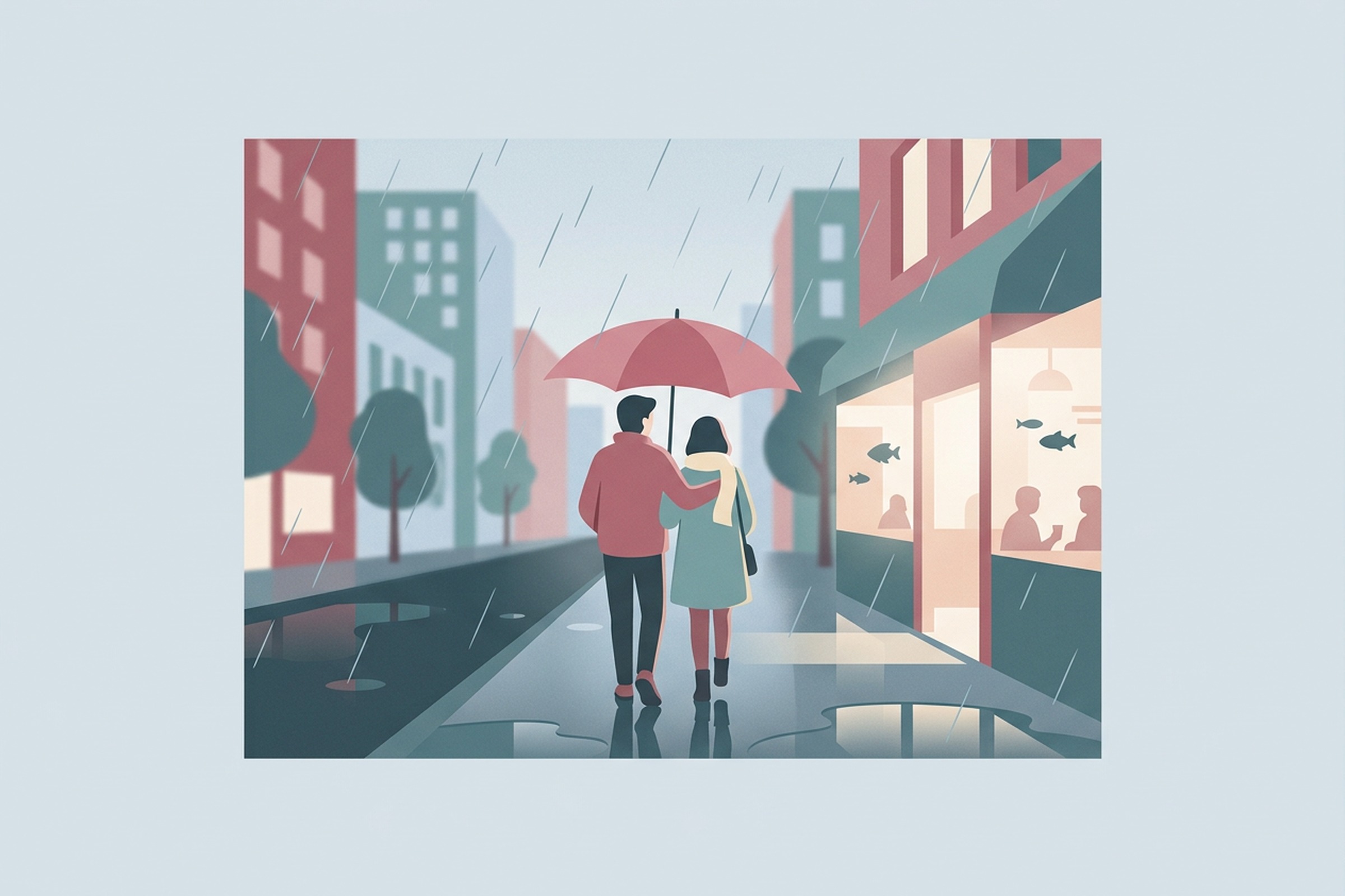 雨の中、ひとつの傘でデートするカップルのイラスト