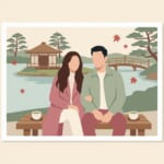 日本庭園の池のほとりのベンチで抹茶を飲むカップルのイラスト