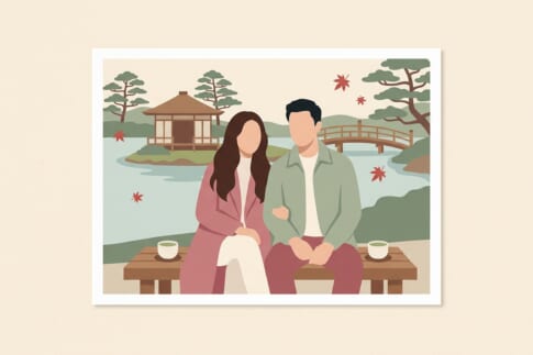 日本庭園の池のほとりのベンチで抹茶を飲むカップルのイラスト