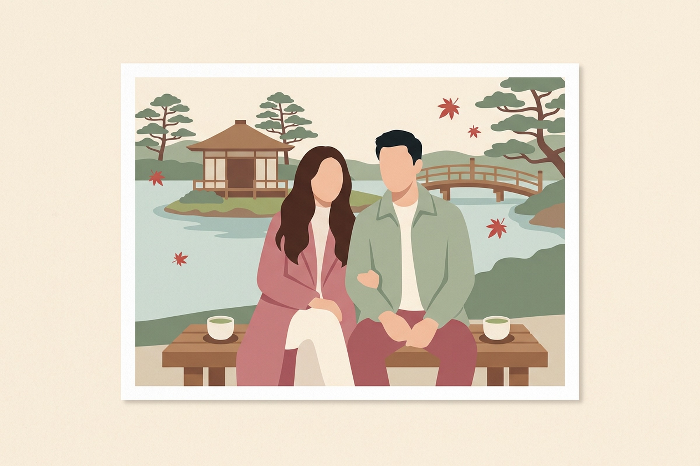 日本庭園の池のほとりのベンチで抹茶を飲むカップルのイラスト