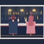 オイスターバーのカウンターに並んで座るカップルのイラスト