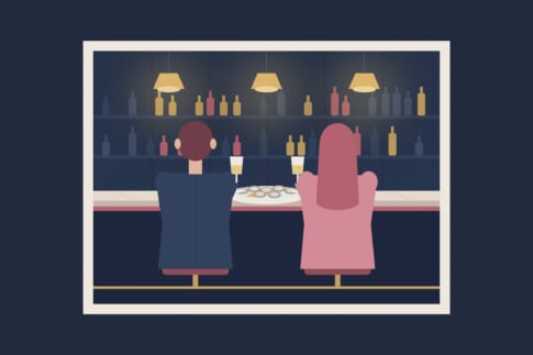 オイスターバーのカウンターに並んで座るカップルのイラスト